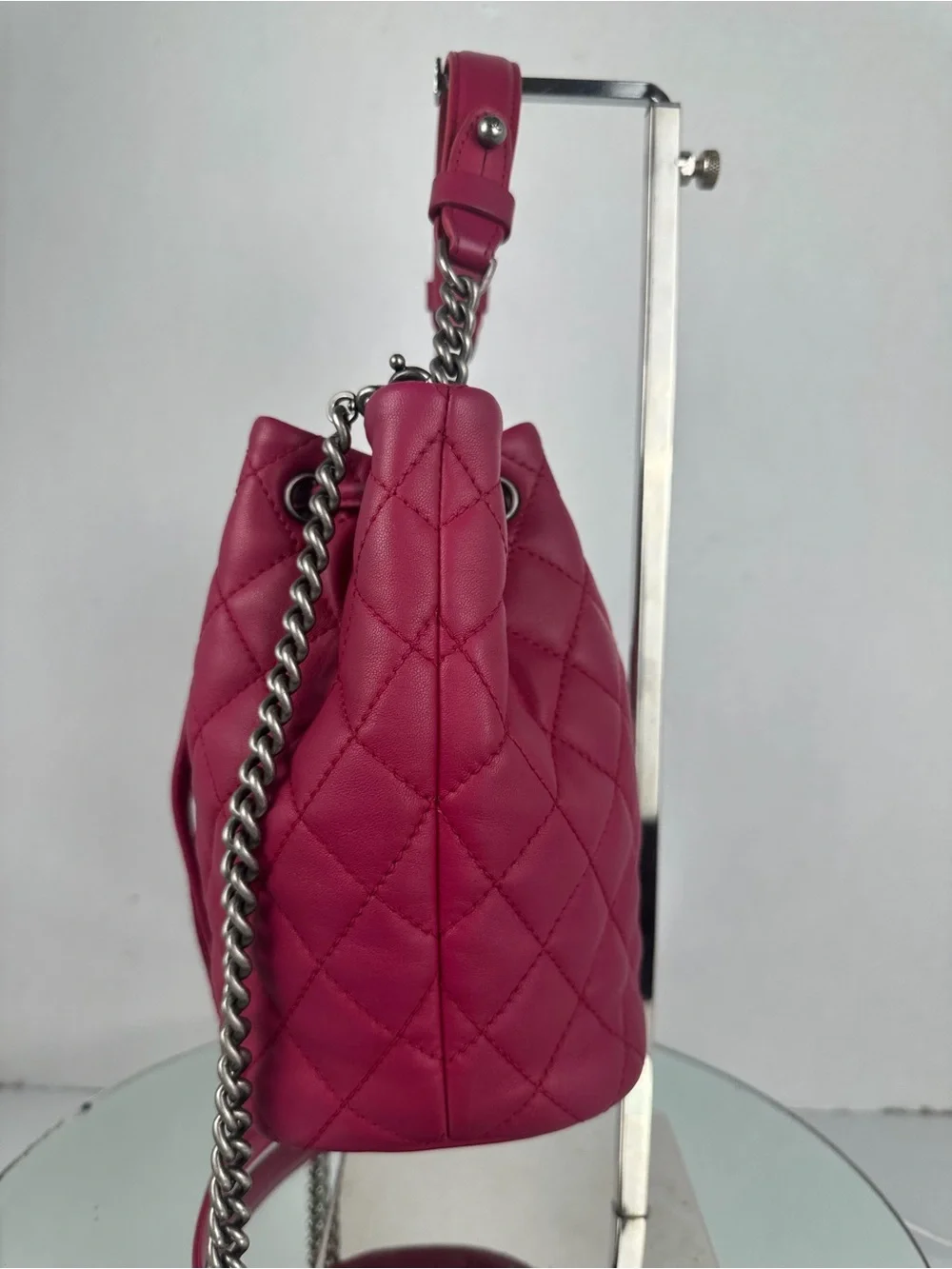 CHANEL Drawstring Bucket Bag – Pink Lambskin Quilted Leather Ruthenium Hardware